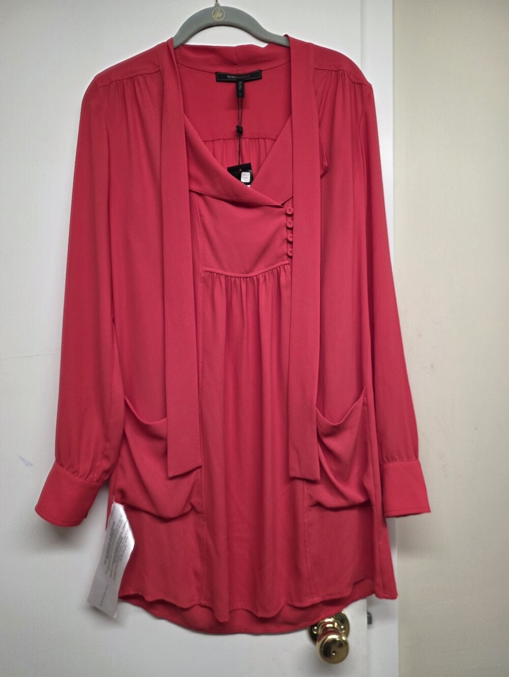 Bright Fuchsia Long-Sleeve Tie-Neck Dress